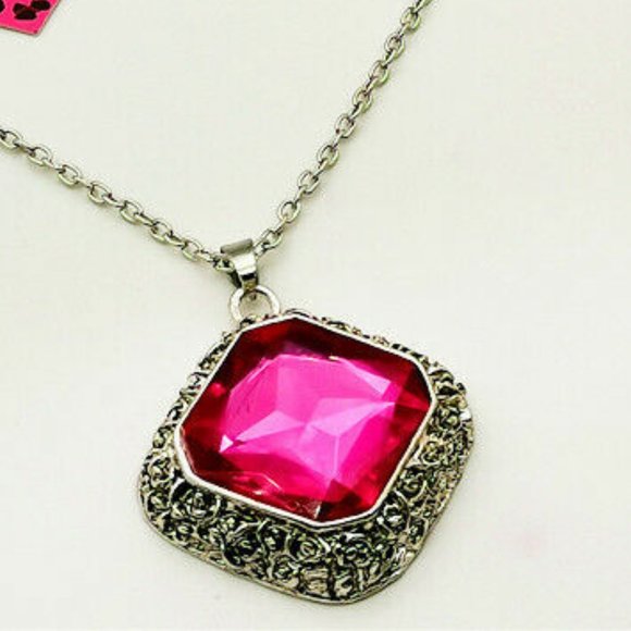 Large PINK Stone Pendant NECKLACE Silvertone Frame and Chain - Picture 3 of 3